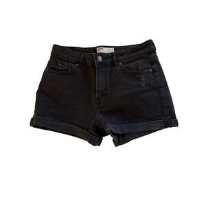 Bershka Jean Shorts Womens Size 6 Black Denim Cuffed Distressed Zip Close 28"W